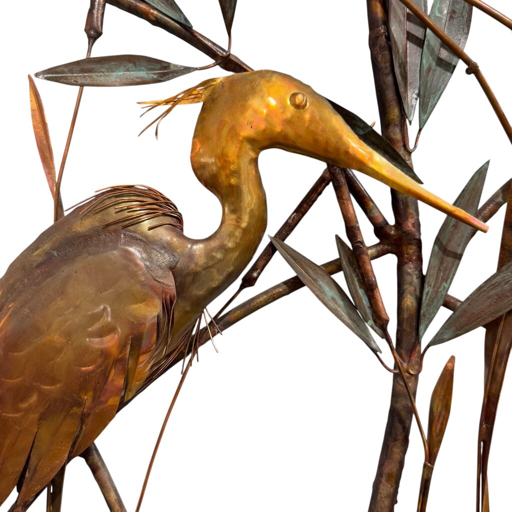 Custom Copper Wall Art by: Florida Artist Bill Squires Crane Birds in Lake w/ Bamboo 48"Wx67"H
