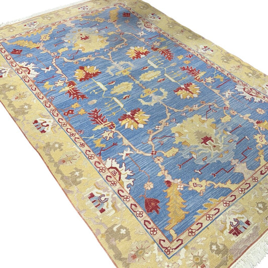 Hand Knotted Soumak Luxury Wool Rug Provincial Blue/Golden Yellow Reversible 9'6"Lx6'2"W