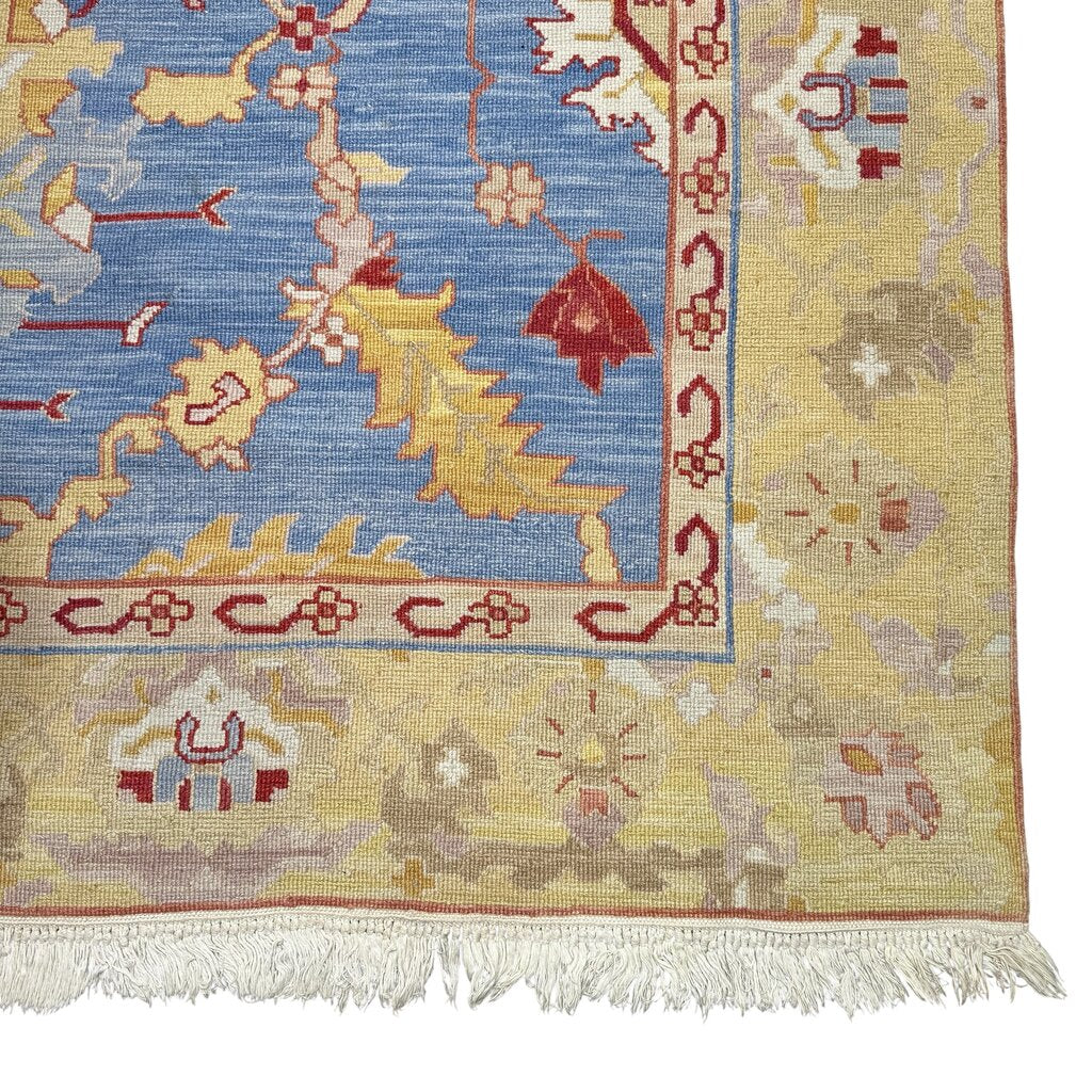 Hand Knotted Soumak Luxury Wool Rug Provincial Blue/Golden Yellow Reversible 9'6"Lx6'2"W