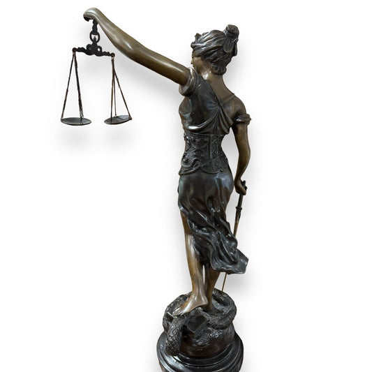 "Lady Justice" also Greek Goddess Themis of Earth & Law Bronze Statue on Marble Pedestal Sword & Scales 15Wx30H