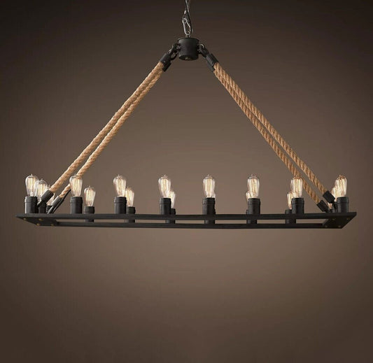 Restoration Hardware Aged Steel Rope Filament Rectangular Edison Bulb Chandelier 59Lx20Wx55H