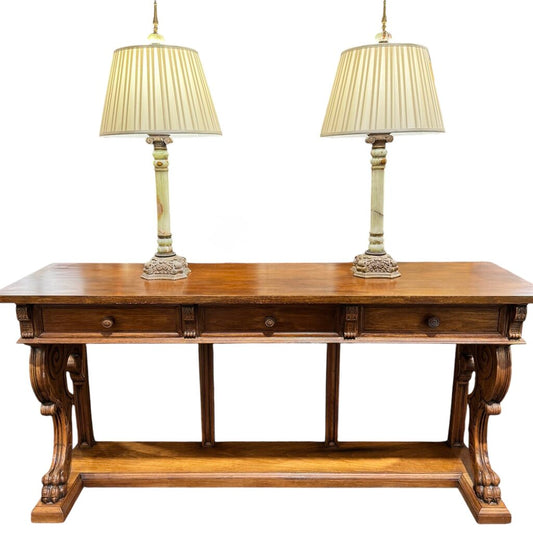 Antique Solid Wood 3 Drawer Console w/ Carved Lions Feet Scroll Work 77Lx22Wx37H