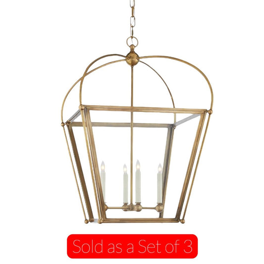 Visual Comfort Chapman & Myers Riverside Medium Square Antique Burnished Brass Lantern Chandelier (Sold as SET OF 3) NEW w/o Glass