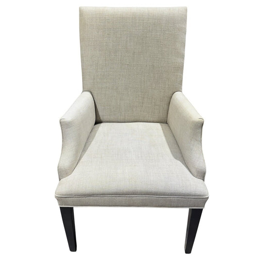 4 Restoration Hardware Hudson Parsons Fabric Dining Arm Chairs Color Dune Performance Textured Two-Tone Linen Fabric Brown Oak Drifted Finish