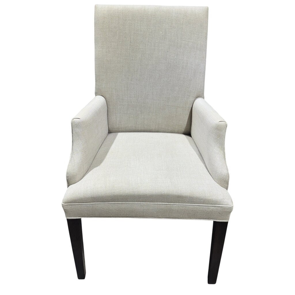 4 Restoration Hardware Hudson Parsons Fabric Dining Arm Chairs Color Dune Performance Textured Two-Tone Linen Fabric Brown Oak Drifted Finish