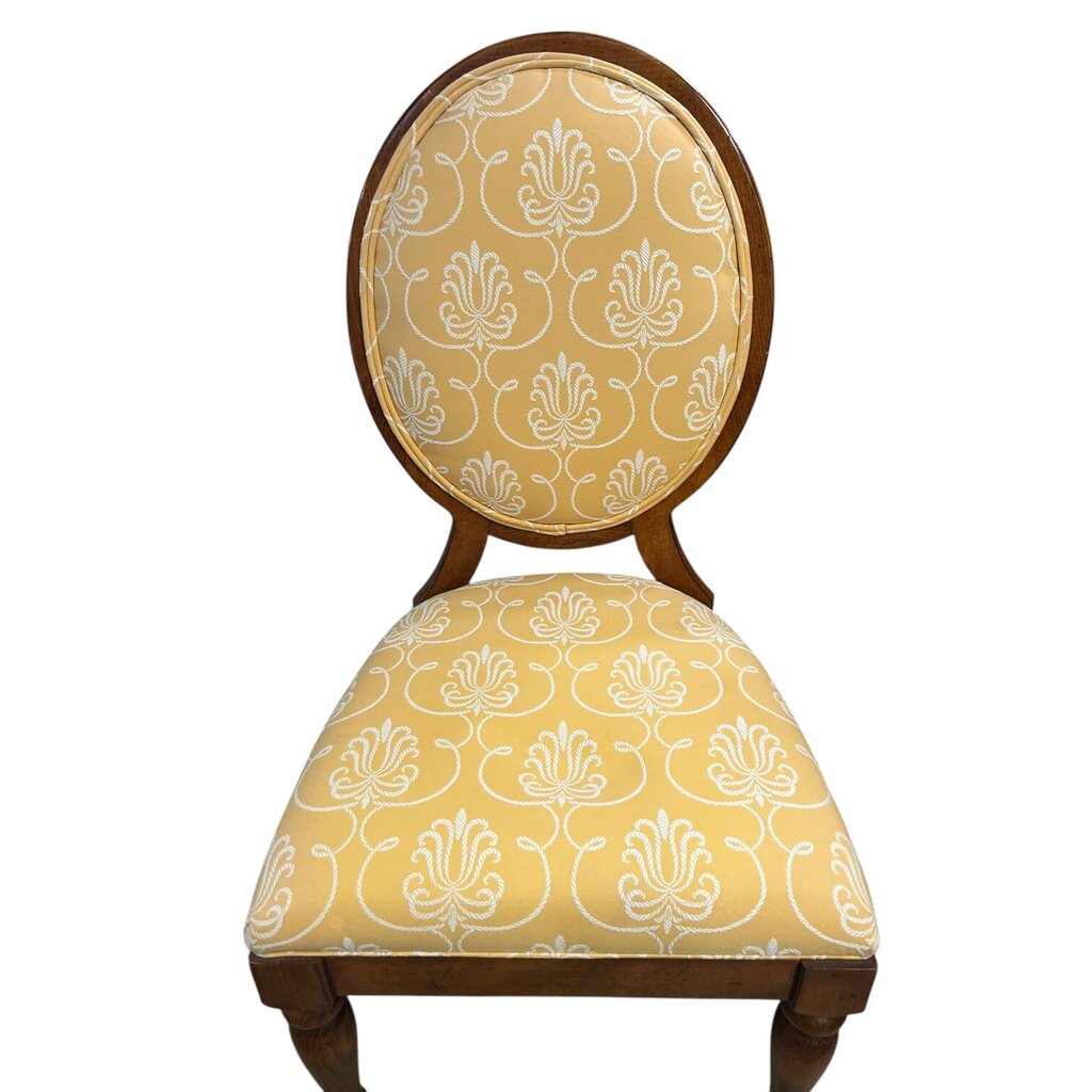 Set of 4 Lexington Tommy Bahama Wood Dining Chairs Upholstered in Yellow & White Pattern