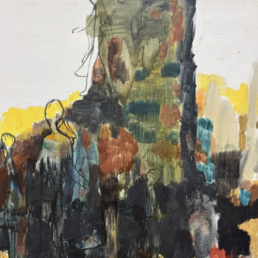 MidCentury Modern Abstract Cityscape of New York City in 1966 Oil on Canvas by Listed Artist Hsiao Yew Hsu (Chinese-American, 1931-2016) 37Lx31H