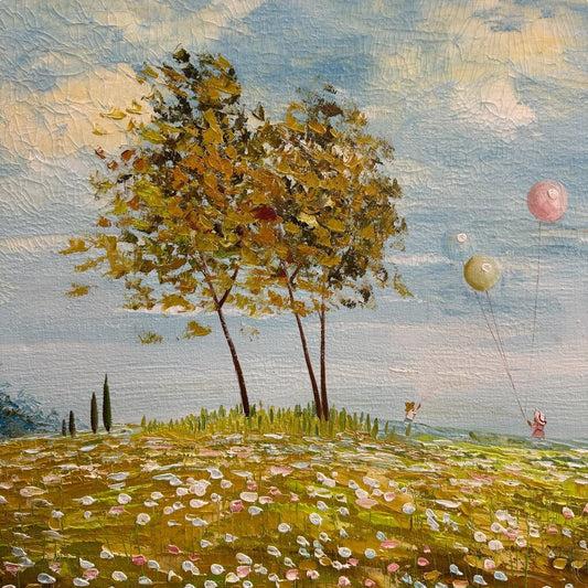 Vintage European Children Flying Large Balloons in the Meadow Framed Oil Painting on Canvas Signed Scott 38"Wx26"H