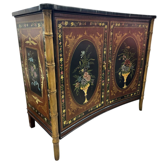Black Hand-painted Floral Motif 2 Door Console w/ Faux Bamboo Legs 42Lx20Wx37H