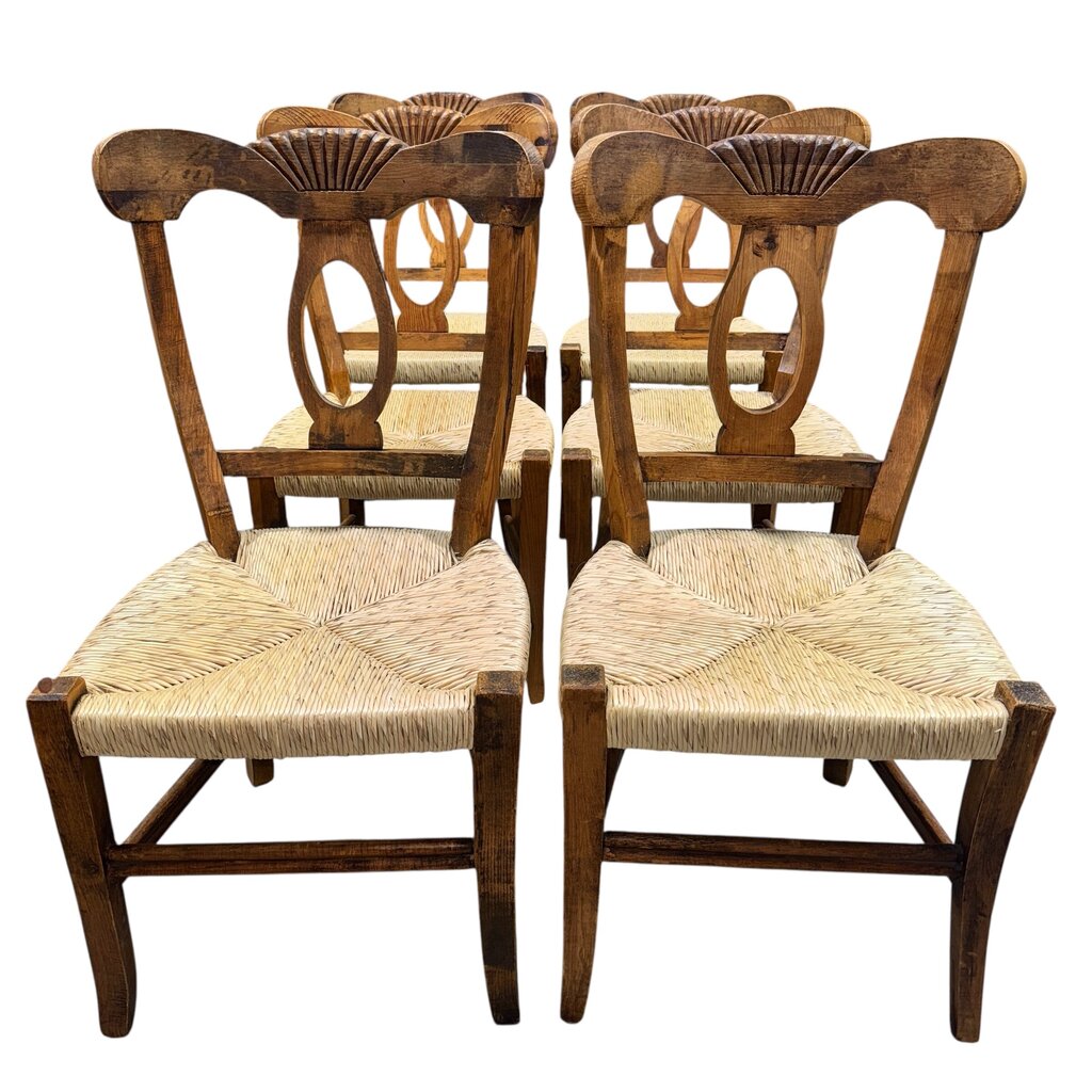 Hand Carved Solid Wood Chairs w/ Rush Seats & Blue Overlay Cushions