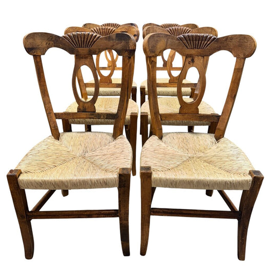 Hand Carved Solid Wood Chairs w/ Rush Seats & Blue Overlay Cushions