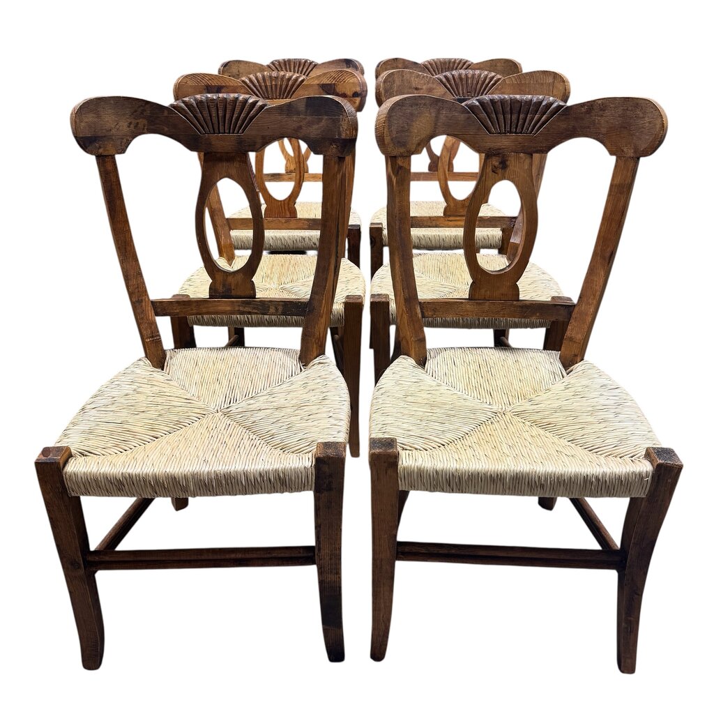 Hand Carved Solid Wood Chairs w/ Rush Seats & Blue Overlay Cushions
