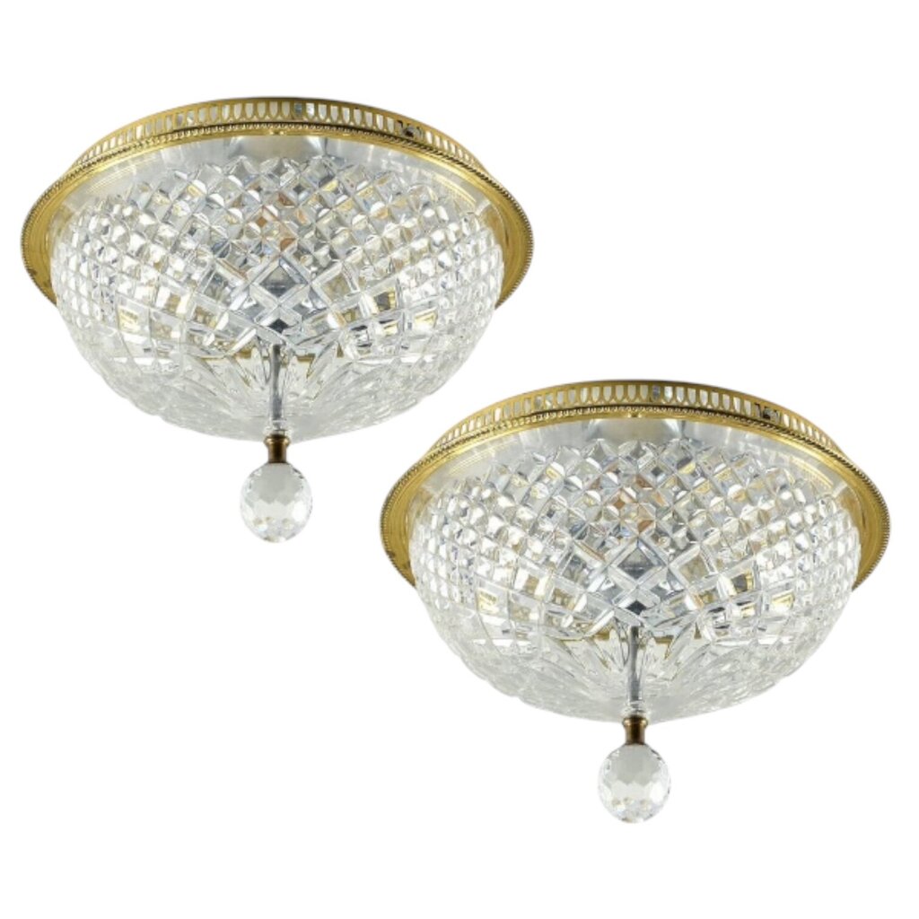 PAIR of Vintage Irish Waterford Crystal Brenda Cut 13" Brass Flush Mount Light Fixtures