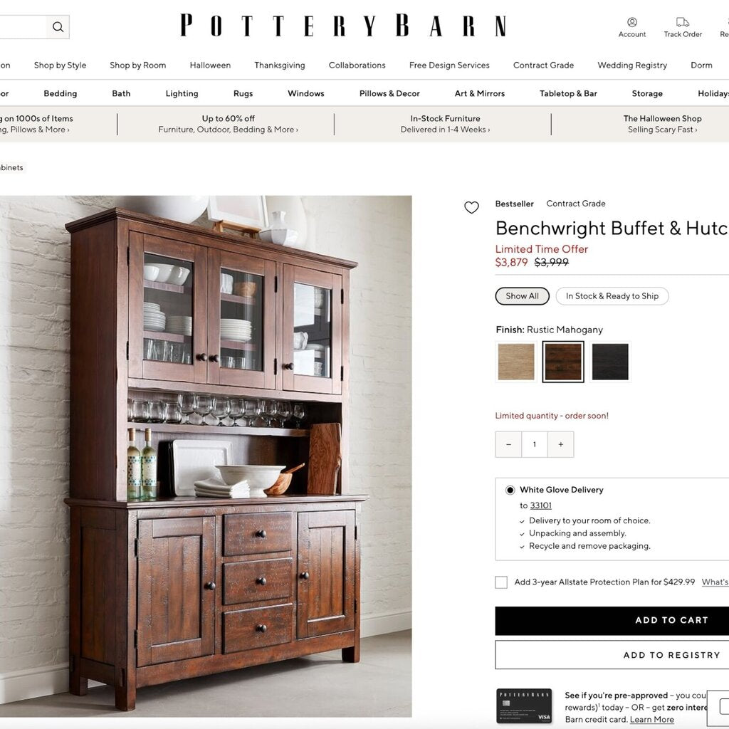 Pottery Barn Benchwright 2pc Buffet & Hutch in Rustic Mahogany 66Lx19Wx87H