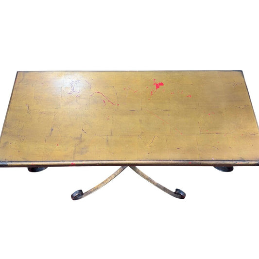 Uttermost Console Table Distressed Red Top w/ Gold Gilt Overlay & Iron Base 43Lx19Wx33H