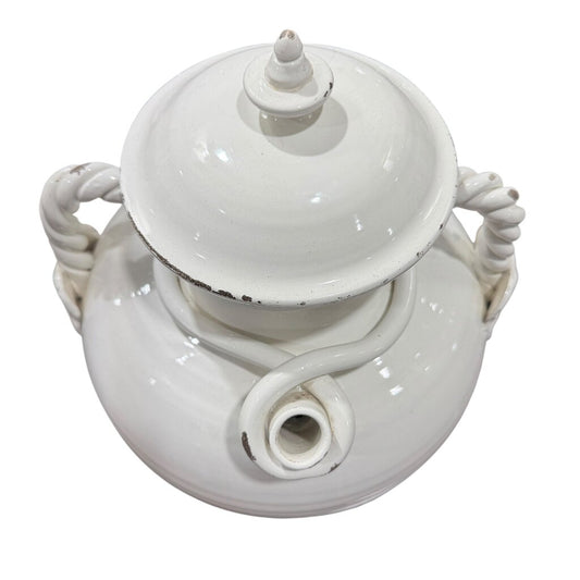 Large White Glazed Lidded Italian Vase w/ Faces Handles & Pouring Spout 11x11x17.5"