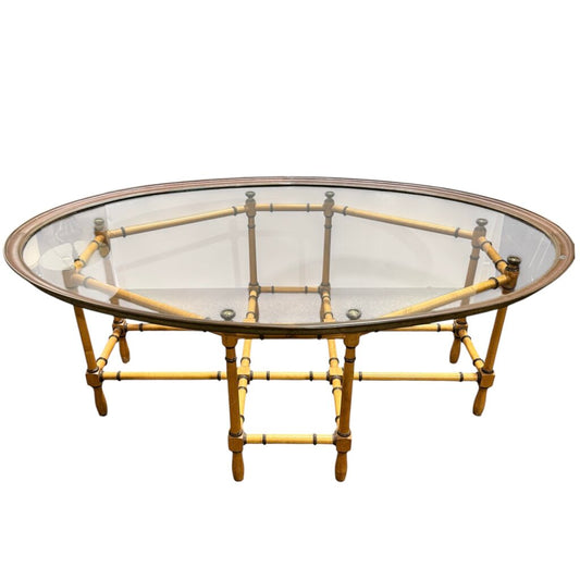 Vintage Hollywood Regency Baker Cocktail Table Faux Bamboo Wood Base w/ Brass Oval Glass Top 44Lx30Wx16H