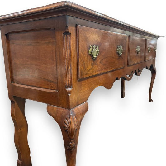 Vintage Solid Mahogany Queen Anne Style Three Drawer Sideboard/ Buffet/ Console w/ Brass Pulls 72Lx19Wx34H