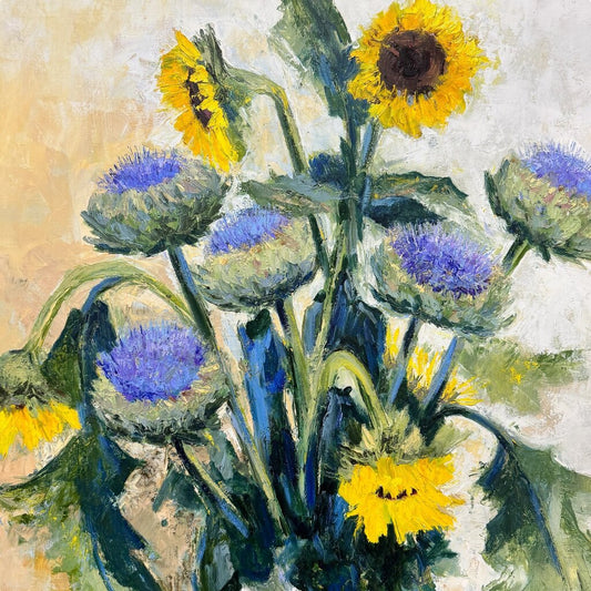 Listed Artist Jean-Pierre Mocci Original Oil Painting On Canvas "Bouquet Champetre" (Field Bouquet Thistles & Sunflowers) 27Lx32H