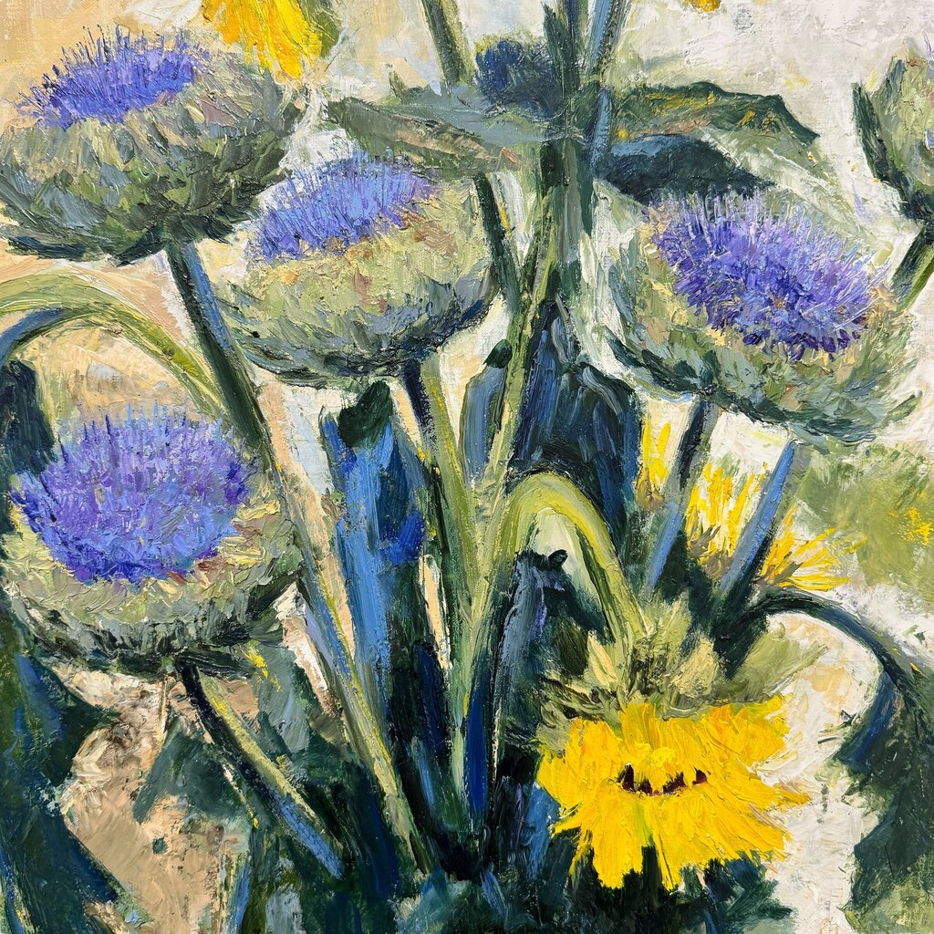Listed Artist Jean-Pierre Mocci Original Oil Painting On Canvas "Bouquet Champetre" (Field Bouquet Thistles & Sunflowers) 27Lx32H