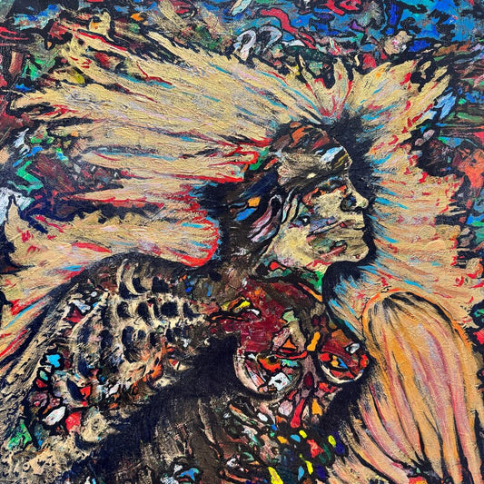 Original Oil on Canvas Spiritual Native American Indian in Feather Headdress "Abstract in Flight" by Artist: Bob Benjamin 24Lx36H