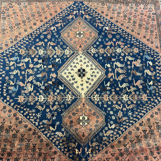 Vintage Qashqai Persian Tribal Rug w/ Vibrant Blue & Rust Hand-knotted Silk & Wool 6'6"x6'8"