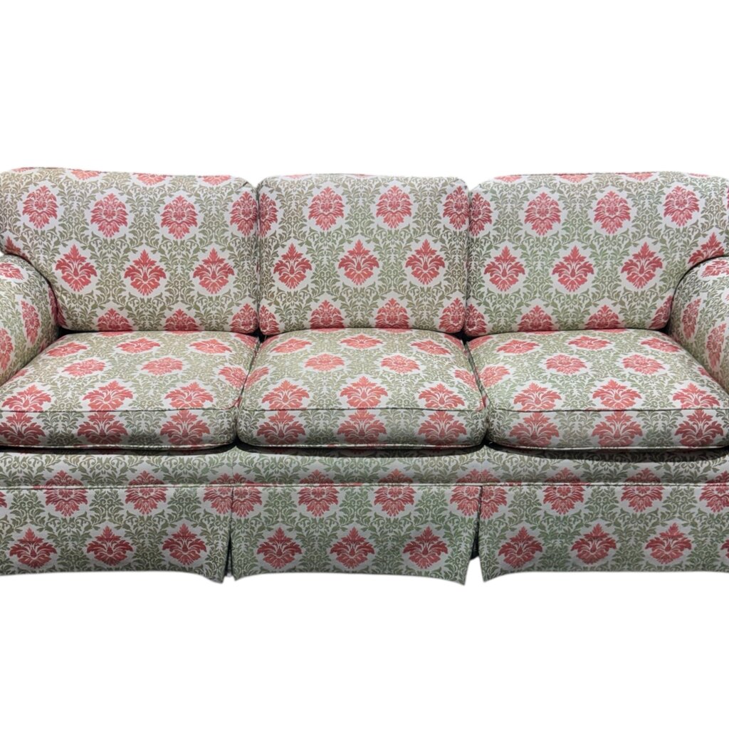 Custom Down Filled Upholstered Sofa w/ Lee Jofa Red & Green Motif Fabric 84Lx36Wx30H