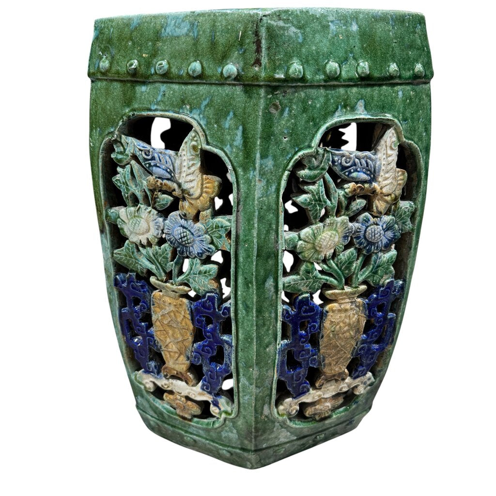 Antique Oriental Hexagonal Majolica Glazed Garden Stool 12Lx12Wx19H