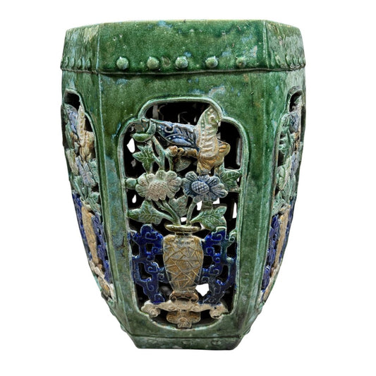 Antique Oriental Hexagonal Majolica Glazed Garden Stool 12Lx12Wx19H