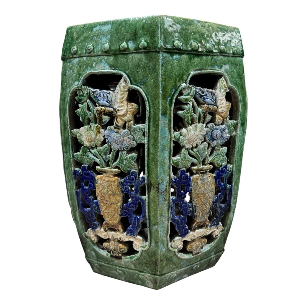 Antique Oriental Hexagonal Majolica Glazed Garden Stool 12Lx12Wx19H