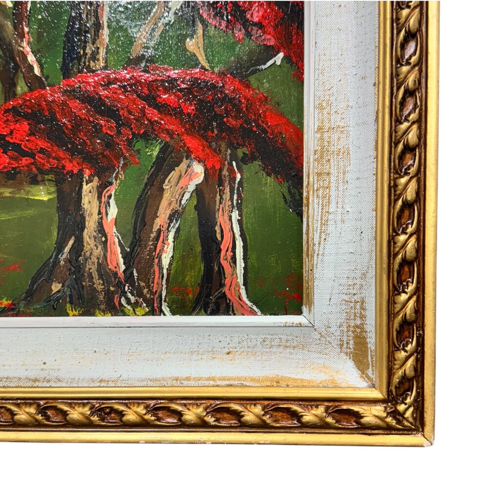 "Red Royal Poinceta Trees" Original Oil on Masonite Board by Self-Proclaimed Florida Highwayman Artist, Michael Sears 42Lx30W