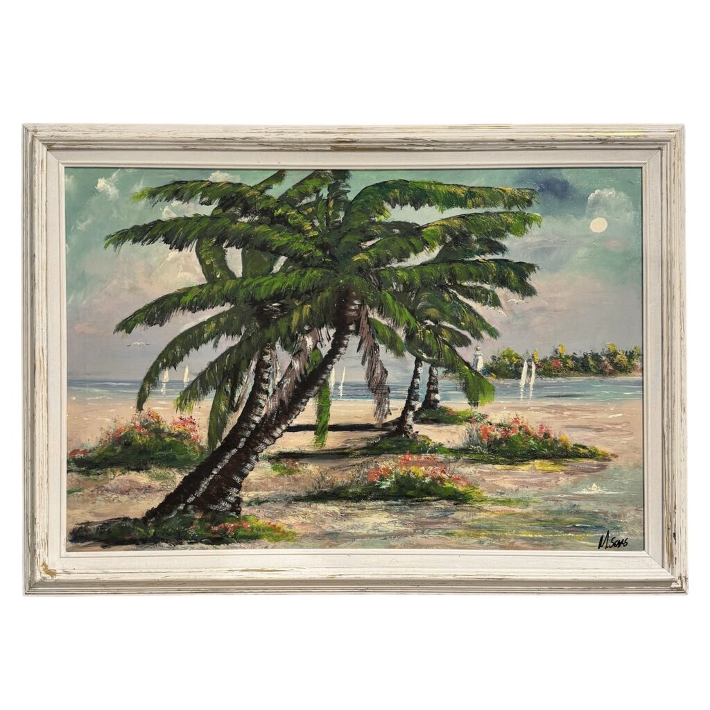 "Palm Trees Sailboats & Lighthouse" Original Oil on Canvas by Self-Proclaimed Florida Highwayman Artist, Michael Sears 41Lx29W