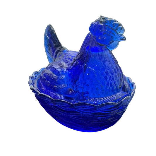 Vintage Cobalt Glass Hen on a Nest Candy Dish 6"L X 5"W X 5"H