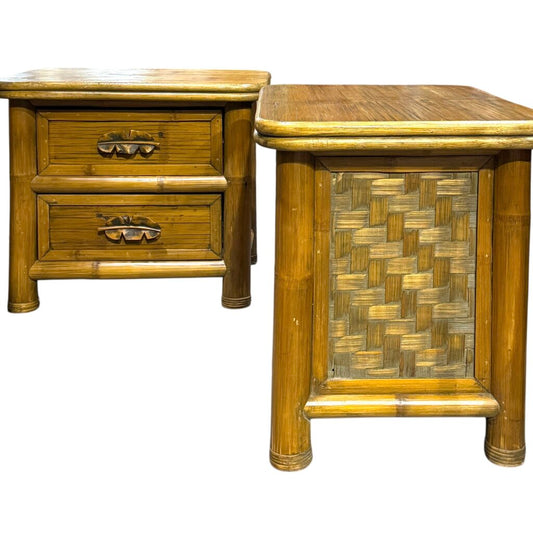 Pair of Bamboo Wicker Two Drawer Chest / Nightstands w/ Banana Leaf Handles 28Lx21Wx24H
