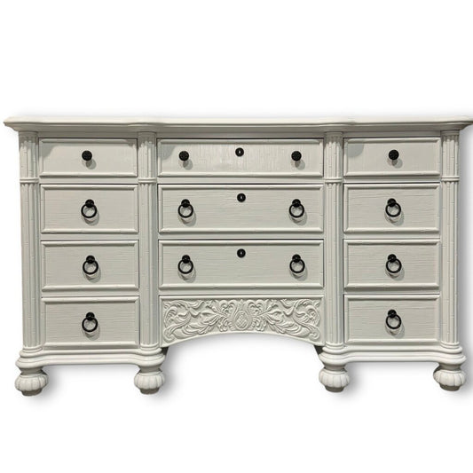 Broyhill 4pc White Lacquered Faux Bamboo Tropical Bedroom Furniture Set including Dresser, Nightstands, Accent Table