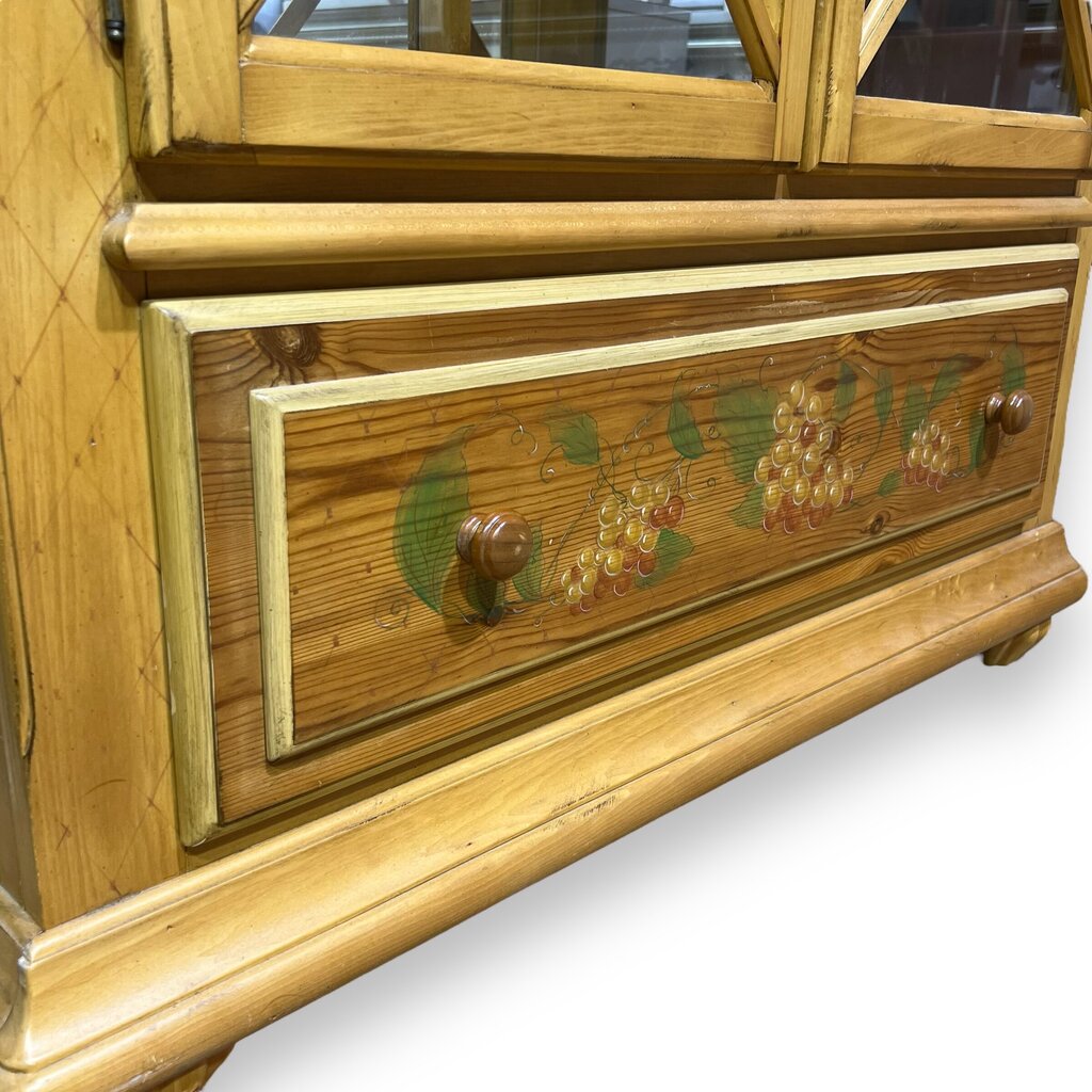 Vintage Country French Pine China Curio Cabinet w/ Glass Shelves Distressed Yellow Finish and Hand-Painted Floral Details