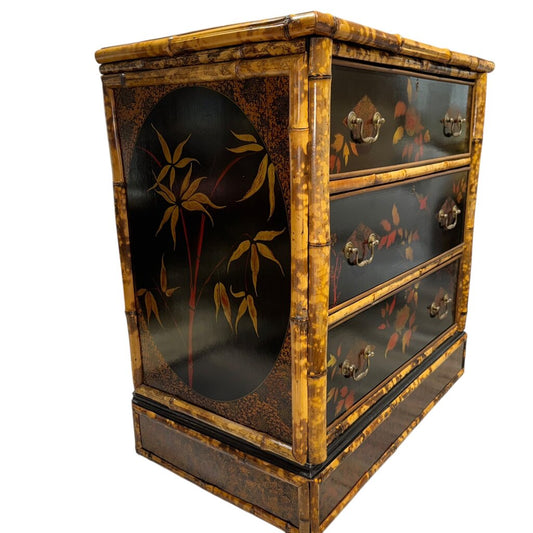 Antique English Chinoiserie Lacquered Bamboo Chest of Drawers w/ Brass Locks & Pulls Decorated w/ Birds & Foliage Motifs 33Lx19Wx33H