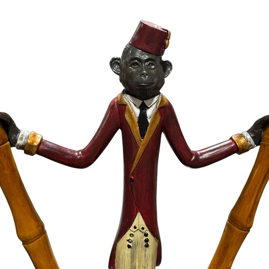 Vintage Two Light Bellhop Monkey Table Lamp w/ Wicker Shades 24" tall (as is)