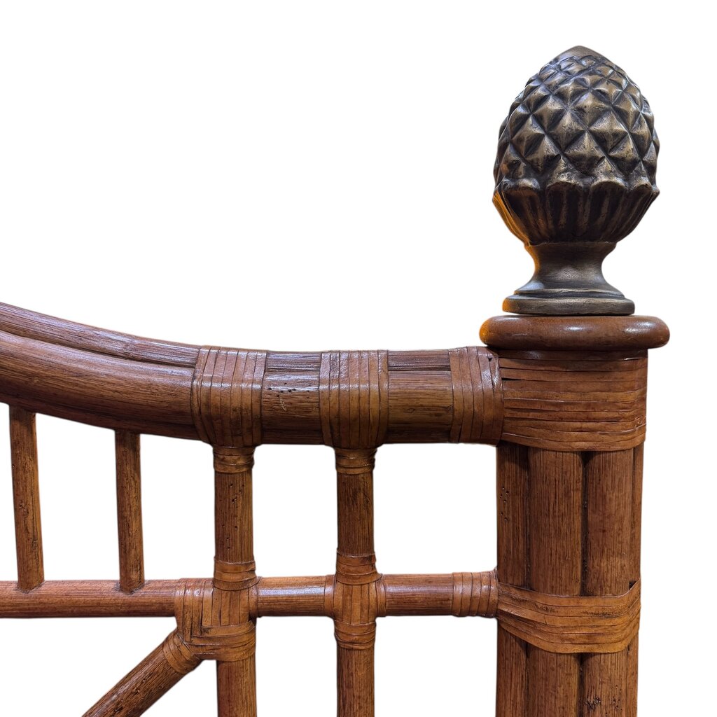 Vintage Drexel Heritage Captiva Natural Rattan King Size Headboard Bound in Leather w/ Brass Pineapple Finials 67Lx4Wx43H