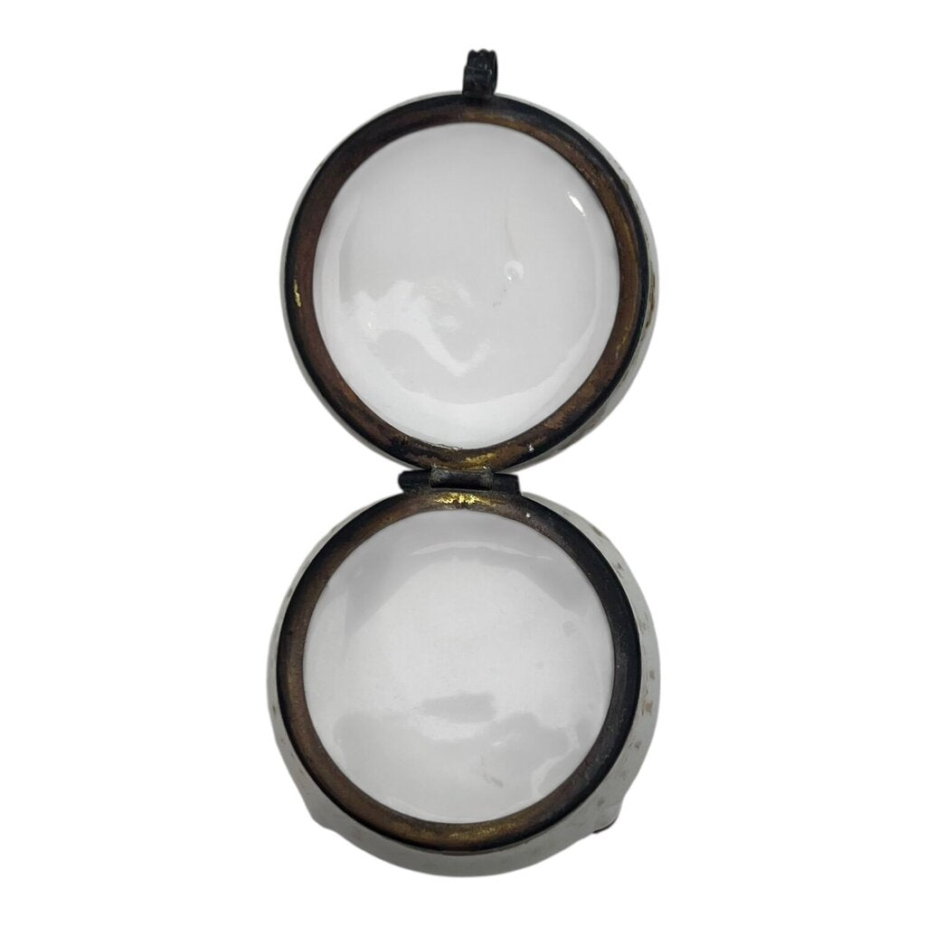 Vintage Hand Painted Gold Accented Porcelain Trinket Box w/Hinged Lid w/Man and Woman On Farm 2"Dia x 2H