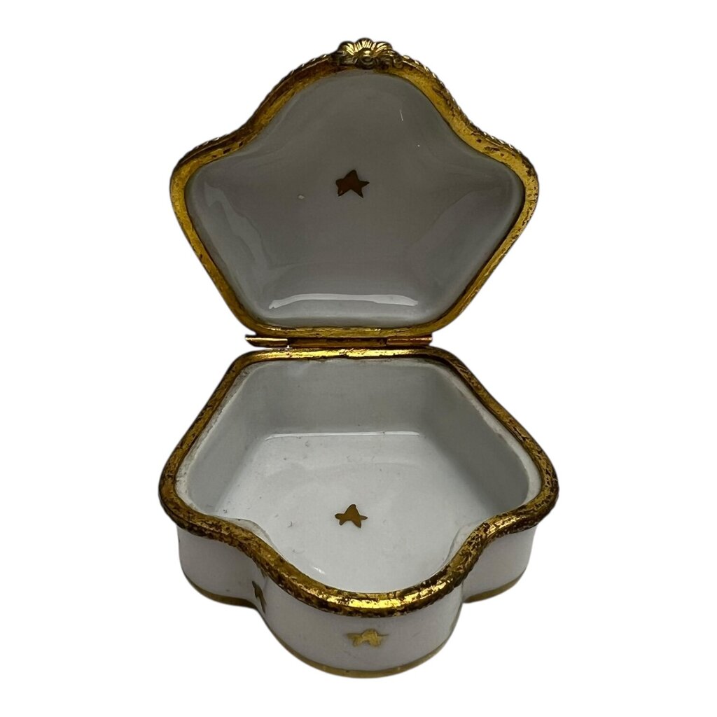 Vintage Hand Painted White and Gold Hinged Lid Porcelain Trinket Box w/ Letter "N" 2.5"Dia x 1.5H