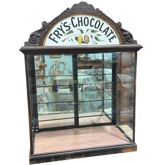J. S. Fry & Sons Ltd Antique Fry's Chocolate Store Display Cabinet w/ Two Glass Shelves & Sliding Mirrored Doors 28Lx15Wx36H