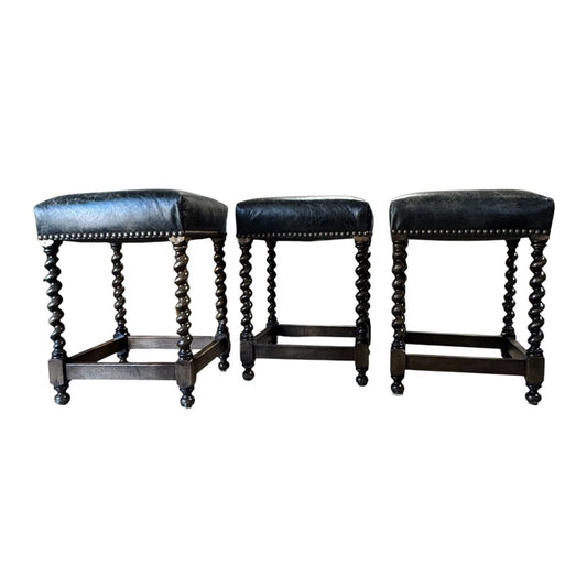 Mahogany Carved Barley Twist Counter Stools Upholstered w/ Brass Nail Head Trim in Genuine Leather (set of 3)