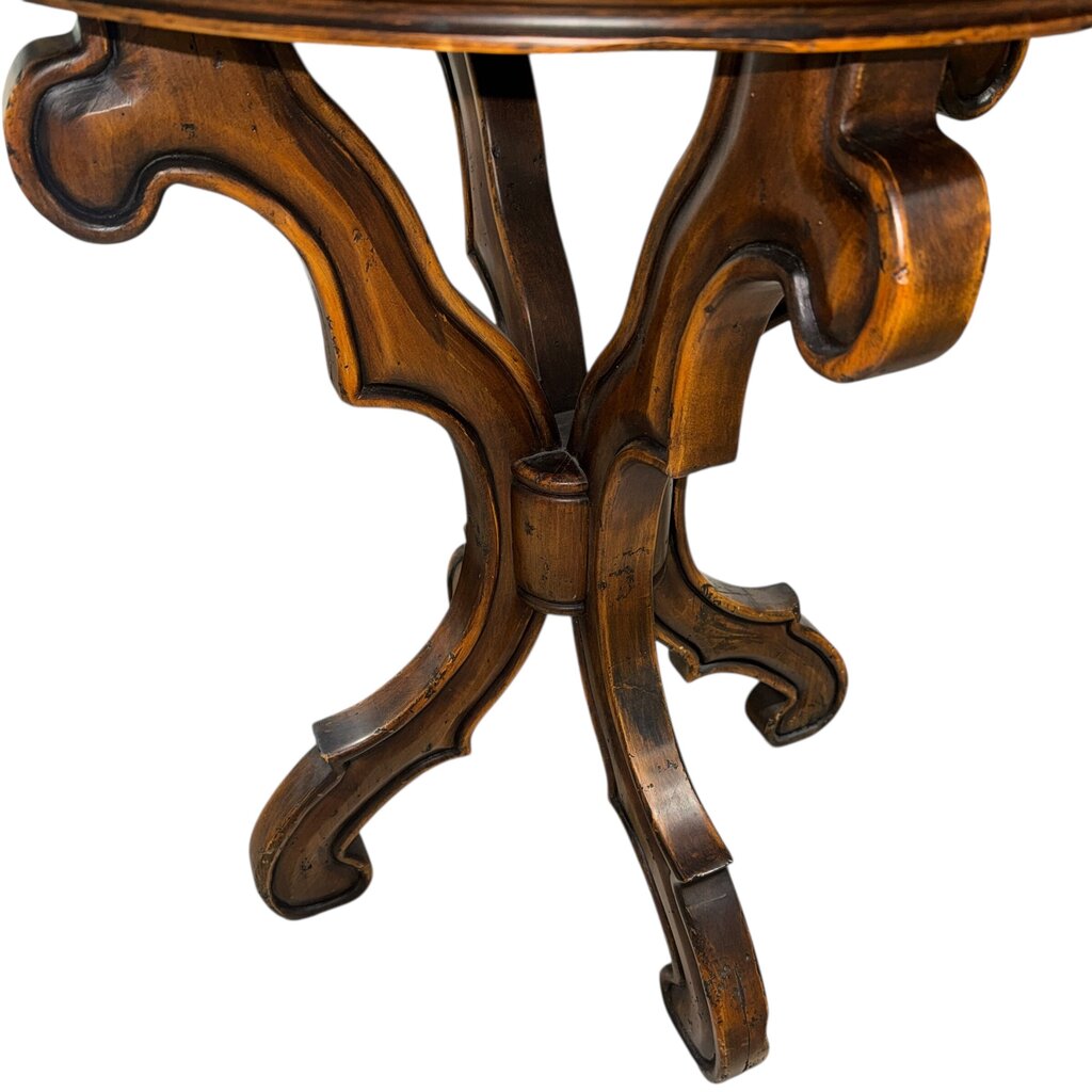 Solid Wood Hand-Crafted Inlay Motif Round Pedestal Table Labeled: EL Progreso Muebles 26Wx32H