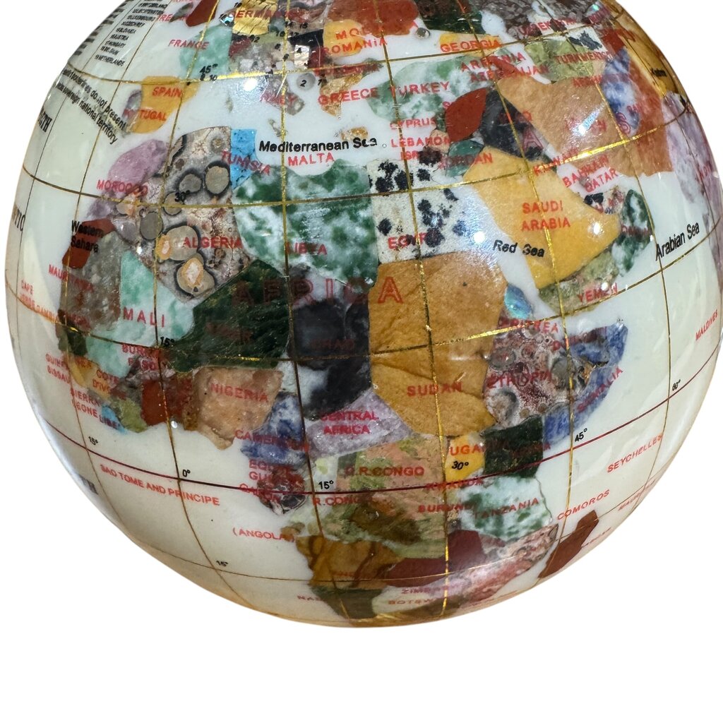 Polished Gemstone Globe in Antiqued Silver Metal Hand 10Lx6Wx5H