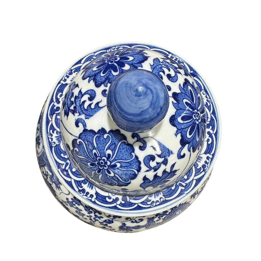 Blue & White Porcelain Dragon & Floral Design Temple / Ginger Jar 11Lx11Wx20H