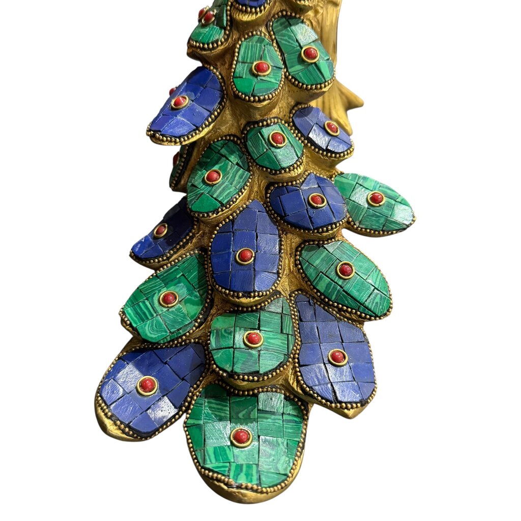 Pair of Solid Brass Peacocks w/ Intricate MultiColored Stonework 12Lx5Wx8H