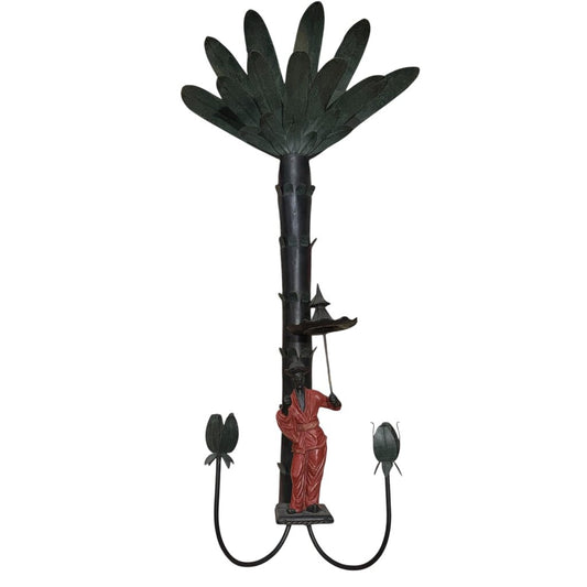 Pair of Iron Chinoiserie Figural and Palm Sconces 15Lx8Wx30H