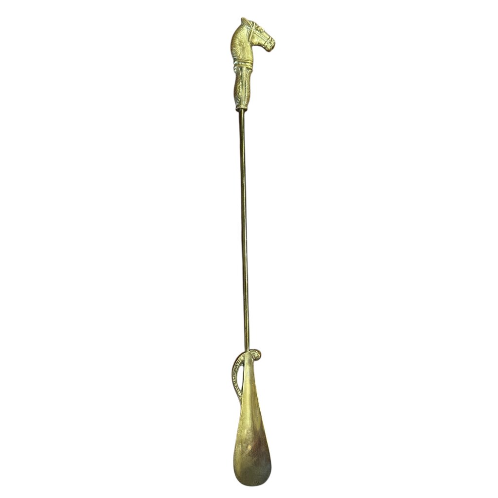 Vintage Solid Brass Shoehorn w/ Horse Head Handle 20" Long