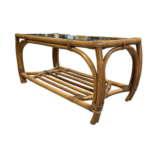 Vintage MCM Ficks Reed Glass Top Bamboo & Rattan Coffee Table w/ Curved Legs and Slatted Lower Shelf 36Lx18Wx18H